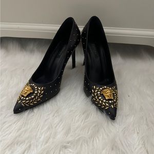 Versace Palazzo Medusa crystal embellished black leather heels